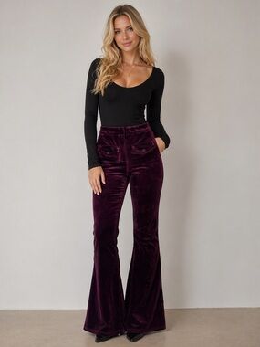 AKIRA Burgundy Velvet Flare Pants High Waist Bell Bottom Small NWT